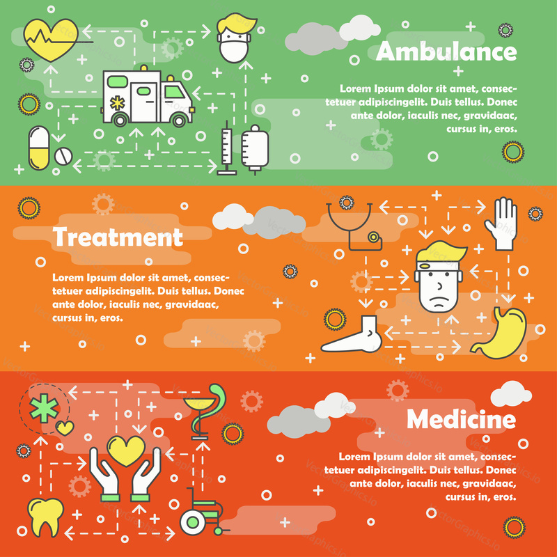 Vector set of scientific horizontal banners with Ambulance, Treatment and Medicine line art flat style design elements, web templates.