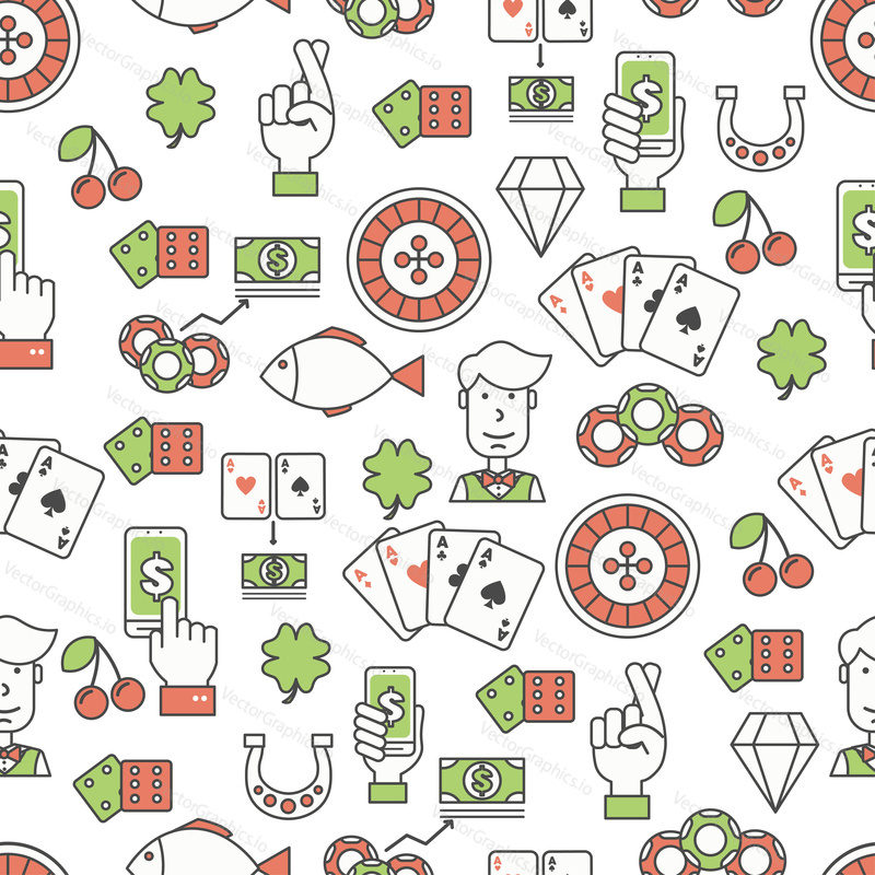 Vector seamless pattern with decorative gambling symbols, icons. Poker card game background, wrapping paper texture thin line art flat style design.