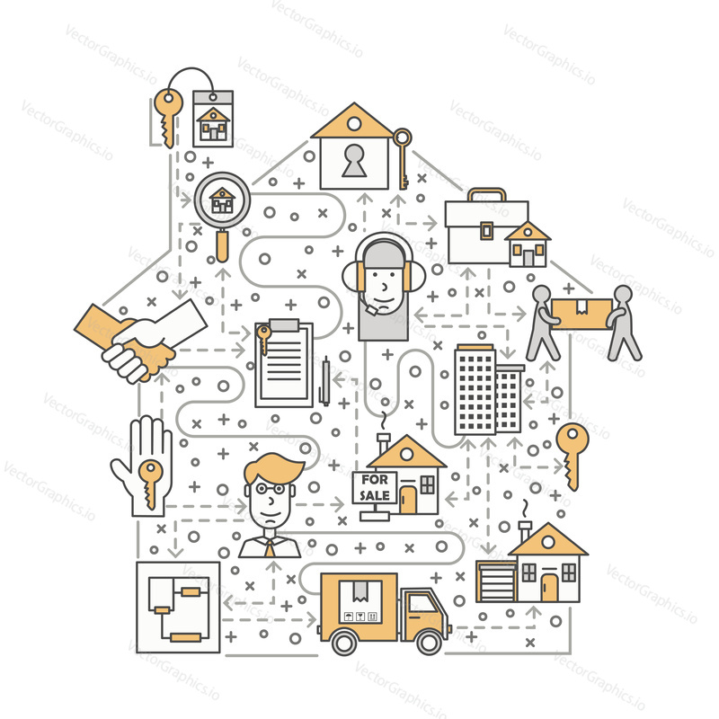 Property and real estate concept vector illustration. Modern thin line art flat style design element in the shape of house building for website banners and printed materials.