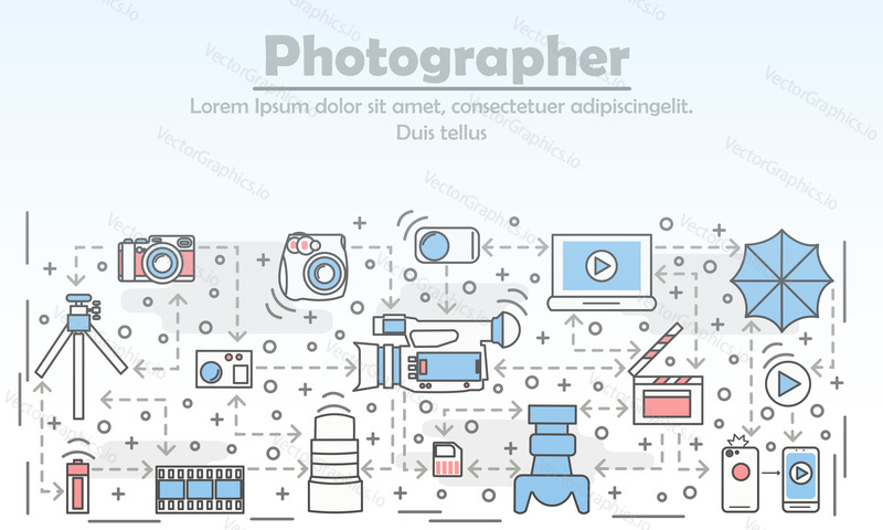 Photography concept vector illustration. Modern thin line art flat style design element with photographic equipment symbols, icons for website banners and printed materials.