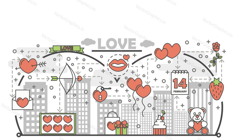 Love vector illustration. Modern thin line art flat style design element with Saint Valentines day love romantic symbols, icons for website banners and printed materials.