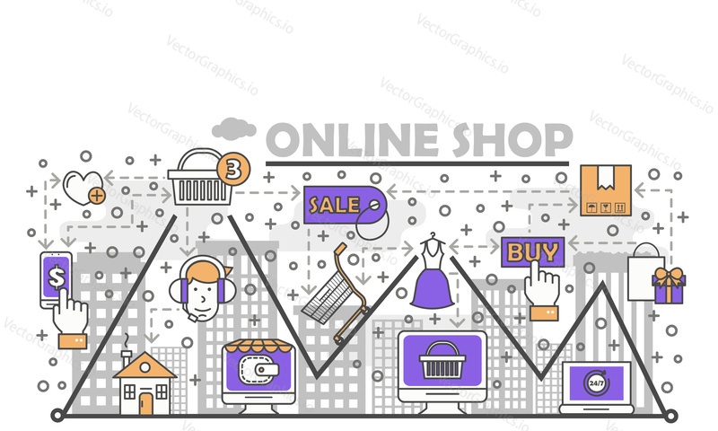 E-commerce business concept vector illustration. Modern thin line art flat style design element with online shopping symbols, icons for website banners and printed materials.