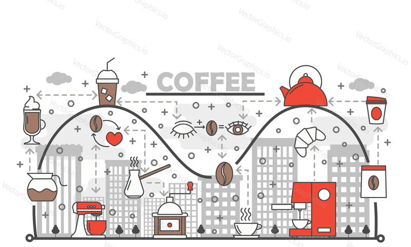 Coffee concept vector illustration. Modern thin line art flat style design element with coffee drink equipment symbols, icons for website banners and printed materials.
