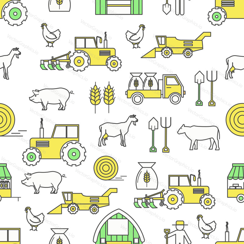 Векторный бесшовный узор с декоративными сельскохозяйственными символами, значками. Фермерский фон, текстура оберточной бумаги, тонкая линия, дизайн в плоском стиле.