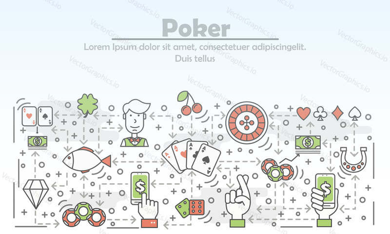 Векторная иллюстрация рекламы покера. Современный элемент дизайна в плоском стиле thin line art с символами азартных игр, значками для баннеров веб-сайтов и печатных материалов.