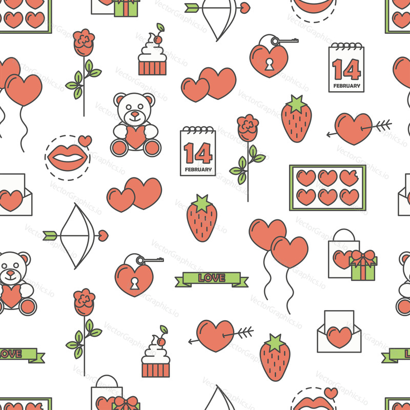 Vector seamless pattern with decorative love symbols, icons. Love romantic background, wrapping paper texture thin line art flat style design.