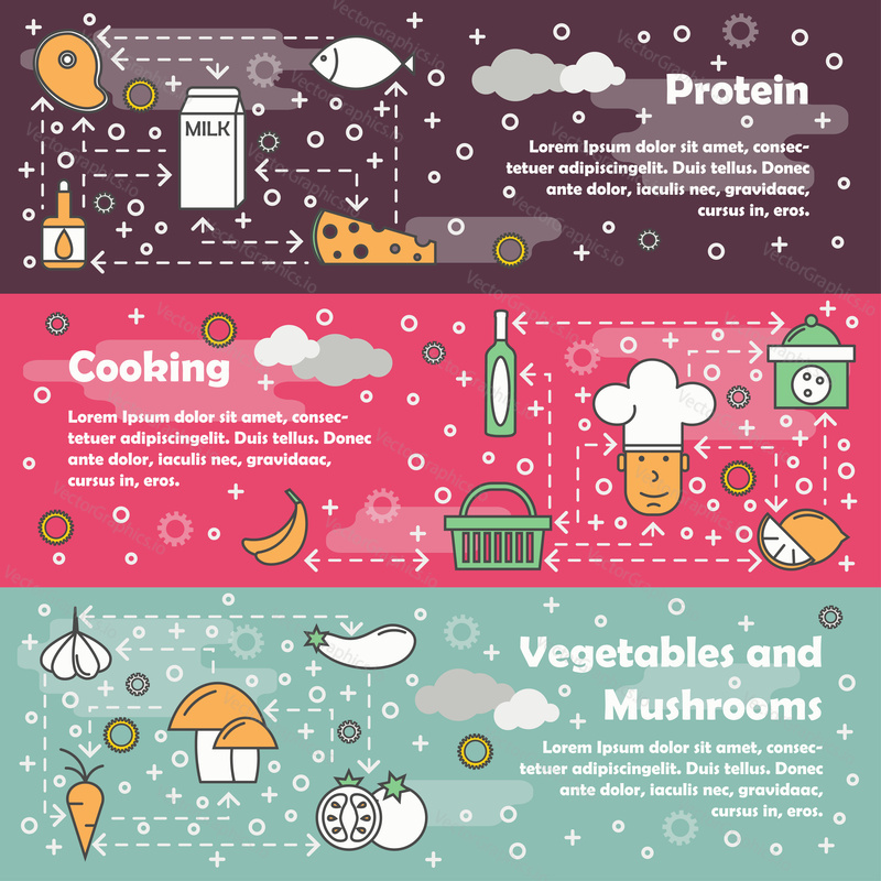 Vector set of food horizontal banners with Protein, Cooking, Vegetables and mushrooms line art flat style design elements, web templates.
