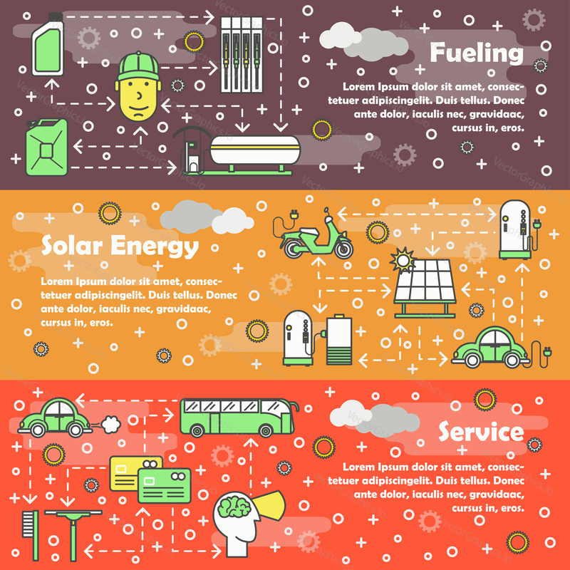 Vector set of horizontal banners with Fueling, Solar energy and Service line art flat style design elements, web templates.