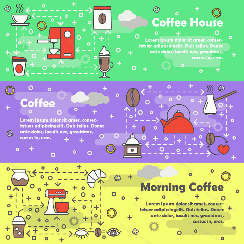 Vector set of horizontal banners with Coffee house, Coffee and Morning coffee line art flat style design elements, web templates.