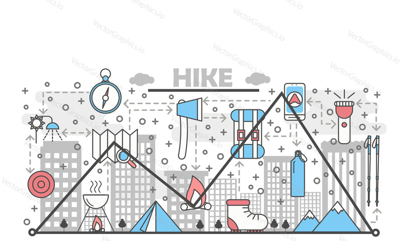 Hike concept vector illustration. Modern thin line art flat style design element with camping and hiking symbols, icons for website banners and printed materials.