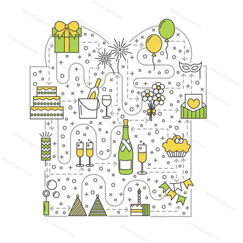 Celebration concept vector illustration. Modern thin line art flat style design in the shape of gift box with happy birthday and wedding symbols, icons for website banners and printed materials.
