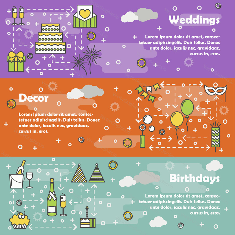 Vector set of horizontal banners with Weddings, Decor and Birthdays thin line art flat style design elements, web templates.