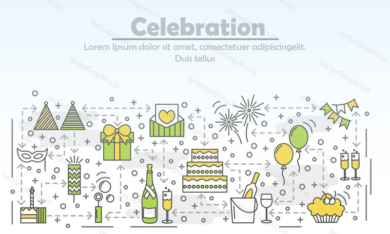Celebration event agency advertising vector illustration. Modern thin line art flat style design element with happy birthday and wedding symbols, icons for website banners and printed materials.