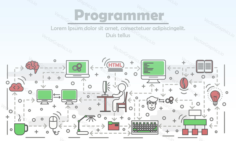 Programmer advertising vector illustration. Modern thin line art flat style design element with program coding, computer programming symbols, icons for website banners and printed materials.