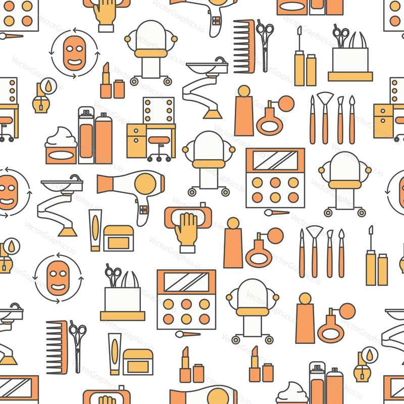 Vector seamless pattern with decorative beauty and hair salon symbols, icons. Beauty saloon background, wrapping paper texture thin line art flat style design.