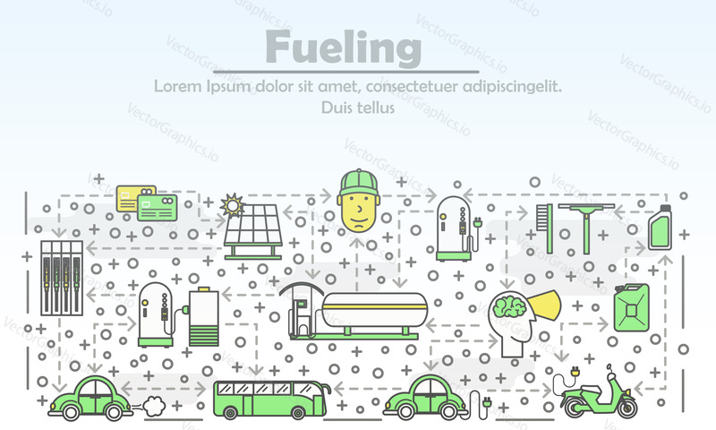 Fueling concept vector illustration. Modern thin line art flat style design element with car solar charging and petrol fueling symbols, icons for website banners and printed materials.