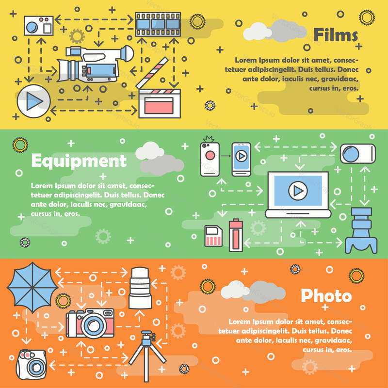 Vector set of horizontal banners with Films, Equipment and Photo line art flat style design elements, web templates.