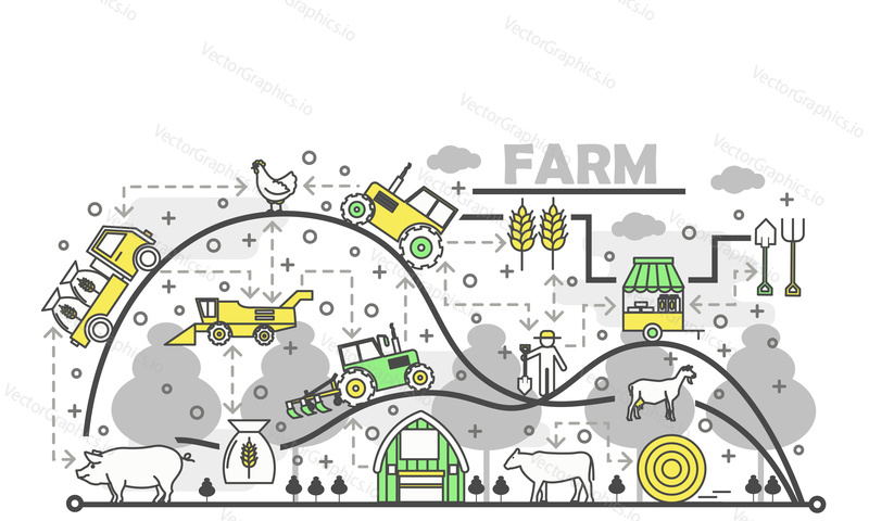 Векторная иллюстрация концепции фермы. Современный элемент дизайна в плоском стиле thin line art с символами фермерства, значками для баннеров веб-сайтов и печатных материалов.