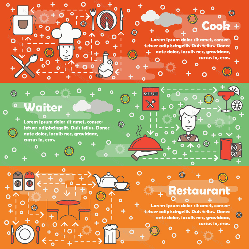 Vector set of horizontal banners with Cook, Waiter and Restaurant line art flat style design elements, web templates.