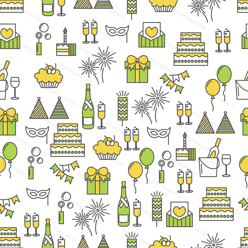 Vector seamless pattern with decorative happy birthday and wedding symbols, icons. Celebration background, wrapping paper texture thin line art flat style design.