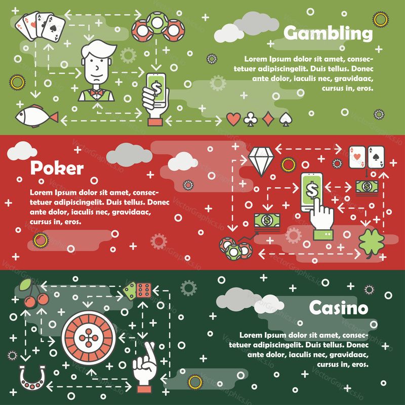Vector set of horizontal banners with Gambling, Poker and Casino line art flat style design elements, web templates.