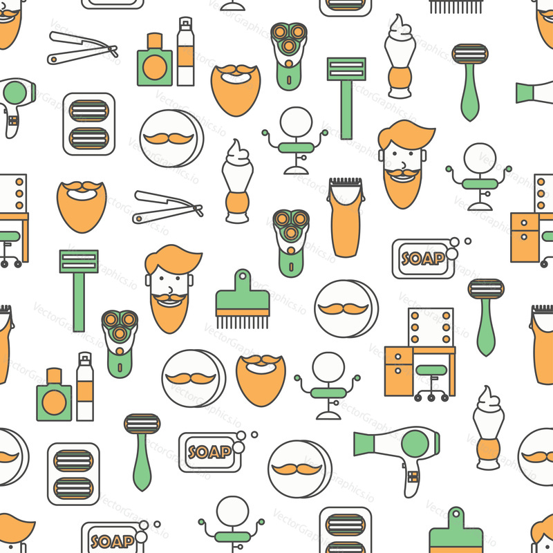 Vector seamless pattern with decorative shaving and grooming symbols, icons. Barbershop background, wrapping paper texture thin line art flat style design.