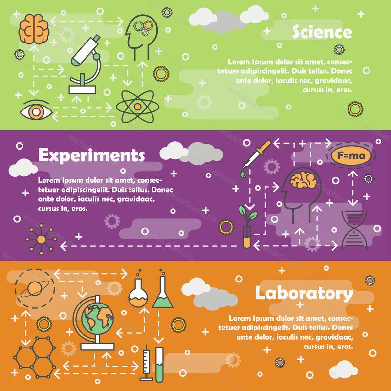 Vector set of scientific horizontal banners with Science, Experiments and Laboratory line art flat style design elements, web templates.