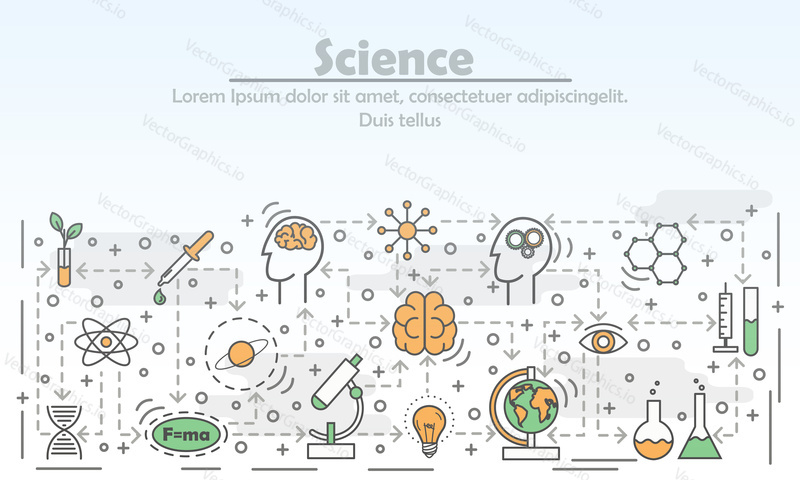 Science advertising vector illustration. Modern thin line art flat style design element with scientific symbols, icons for website banners and printed materials.