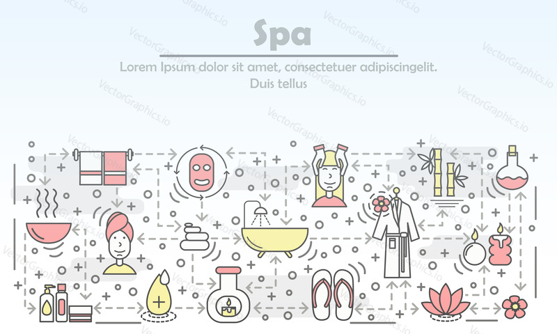 Spa salon advertising vector illustration. Modern thin line art flat style design element with spa and beauty symbols, icons for website banners and printed materials.