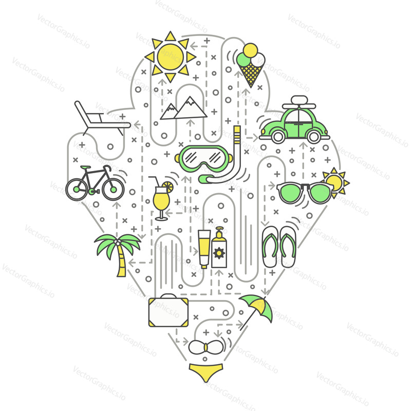 Summer vector illustration. Modern thin line art flat style design element in the shape of ice cream with summer symbols, icons for website banners and printed materials.