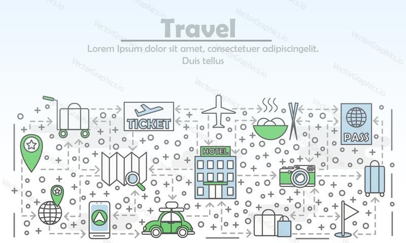 Travel advertising vector illustration. Modern thin line art flat style design element with travel symbols, icons for website banners and printed materials.