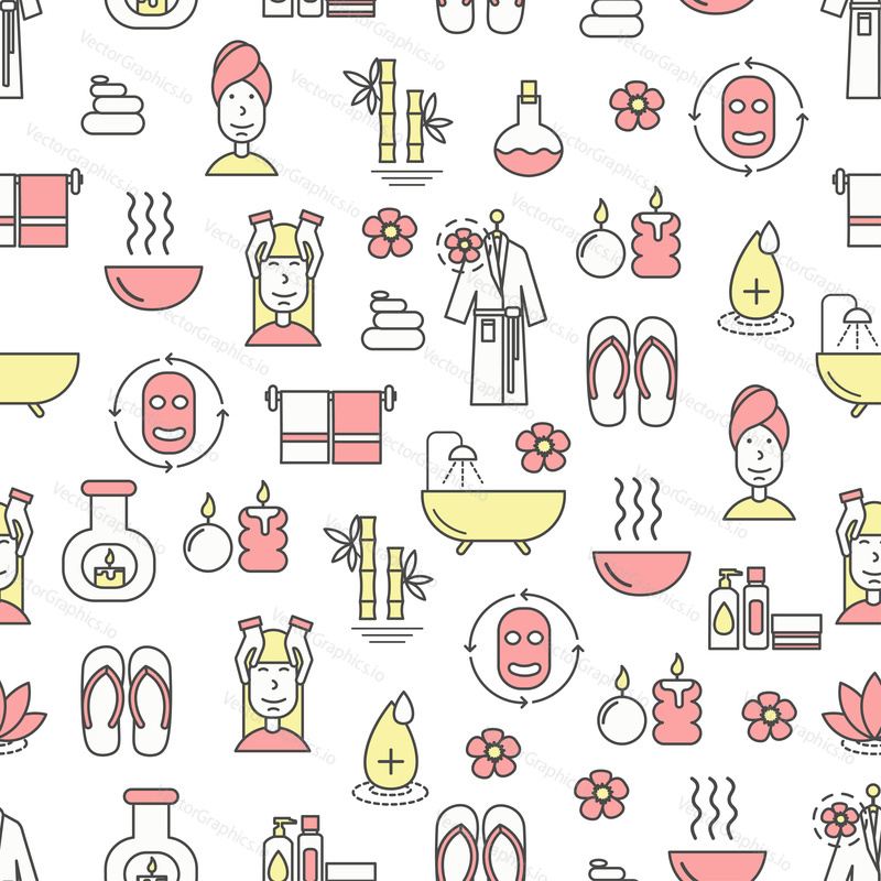 Vector seamless pattern with decorative spa service symbols, icons. Spa and beauty background, wrapping paper texture thin line art flat style design.