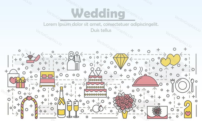 Wedding advertising vector illustration. Modern thin line art flat style design element with wedding symbols, icons for website banners and printed materials.