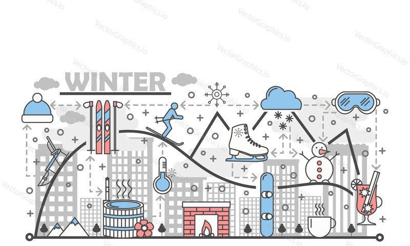 Winter fun vector illustration. Modern thin line art flat style design element with winter symbols, icons for website banners and printed materials.