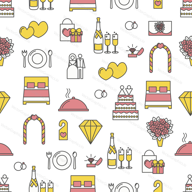 Vector seamless pattern with decorative wedding symbols, icons. Wedding background, wrapping paper texture thin line art flat style design.