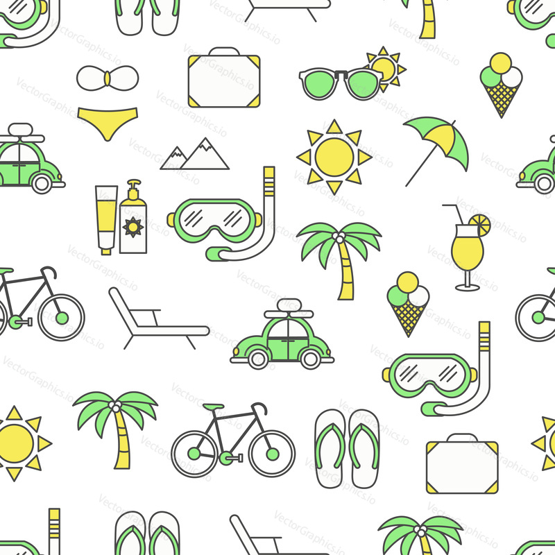 Vector seamless pattern with decorative summer symbols, icons. Summer background, wrapping paper texture thin line art flat style design.