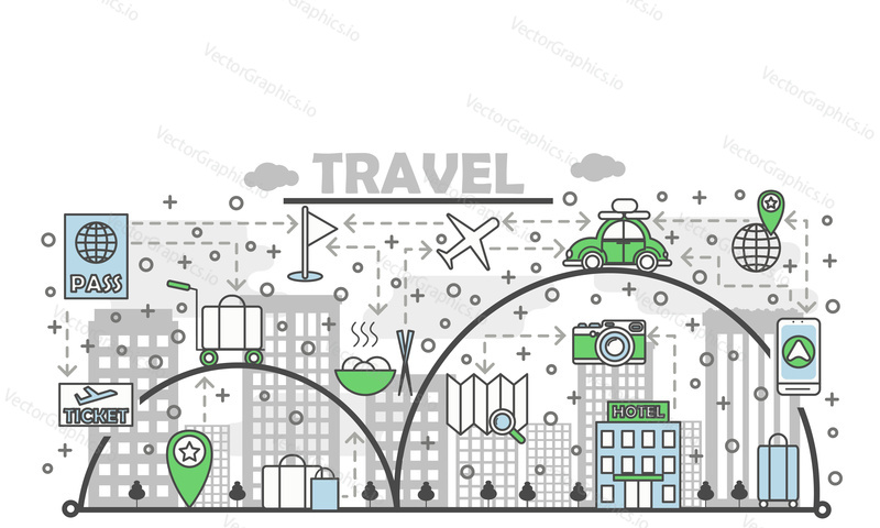 Travel vector illustration. Modern thin line art flat style design element with travel symbols, icons for website banners and printed materials.