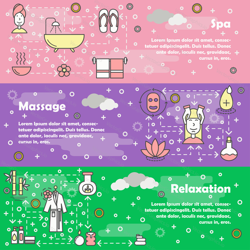 Vector set of horizontal banners with Spa, Massage and Relaxation line art flat style design elements, web templates.