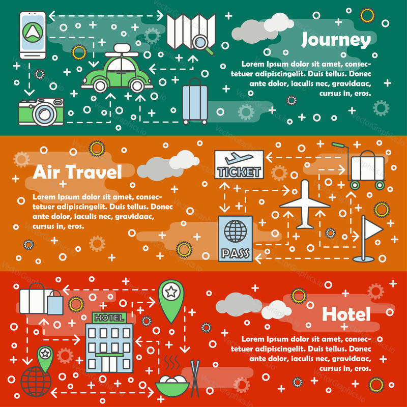 Vector set of horizontal banners with Journey, Air travel and Hotel line art flat style design elements, web templates.