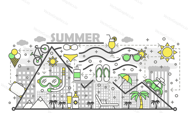 Summer vector illustration. Modern thin line art flat style design element with summer symbols, icons for website banners and printed materials.