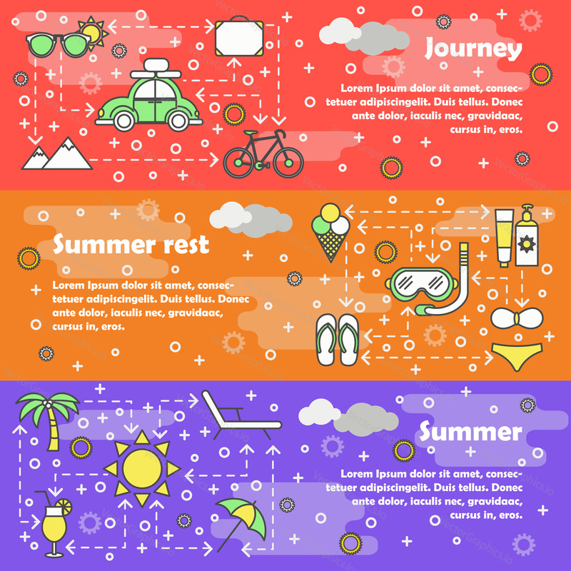 Vector set of horizontal banners with Journey, Summer rest and Summer line art flat style design elements, web templates.