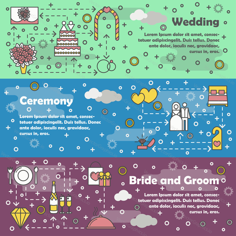 Vector set of horizontal banners with Wedding, Ceremony and Bride and groom line art flat style design elements, web templates.