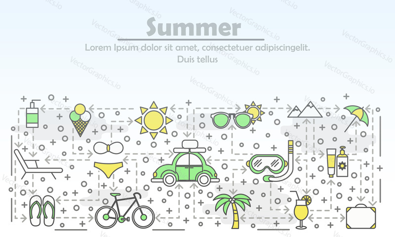 Summer advertising vector illustration. Modern thin line art flat style design element with summer symbols, icons for website banners and printed materials.