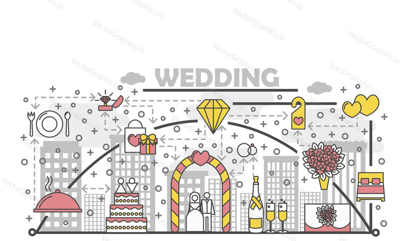 Wedding concept vector illustration. Modern thin line art flat style design element with wedding symbols, icons for website banners and printed materials.