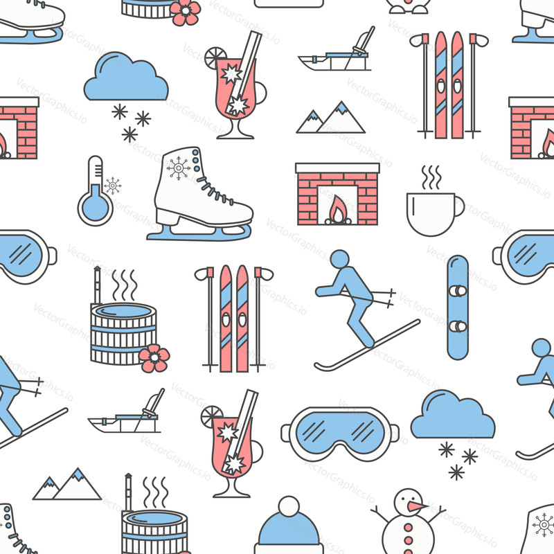 Vector seamless pattern with decorative winter symbols, icons. Winter fun background, wrapping paper texture thin line art flat style design.