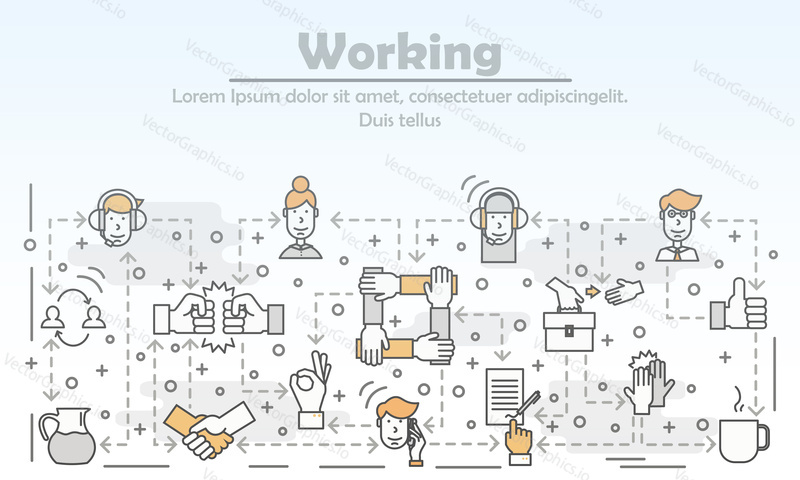 Work with clients concept vector illustration. Modern thin line art flat style design element with client support symbols, icons for website banners and printed materials.