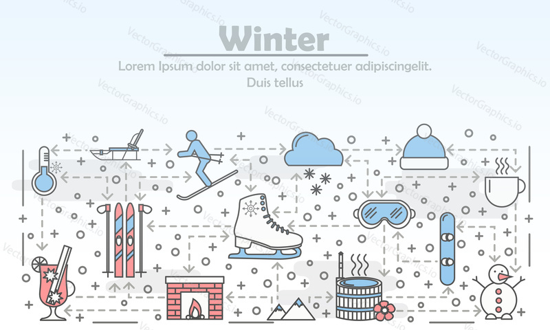 Outdoor winter activities vector illustration. Modern thin line art flat style design element with winter symbols, icons for website banners and printed materials.