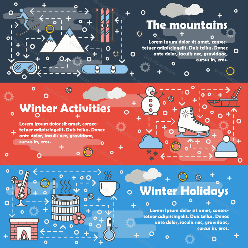 Vector set of horizontal banners with Mountains, Winter activities, Winter holidays line art flat style design elements, web templates.