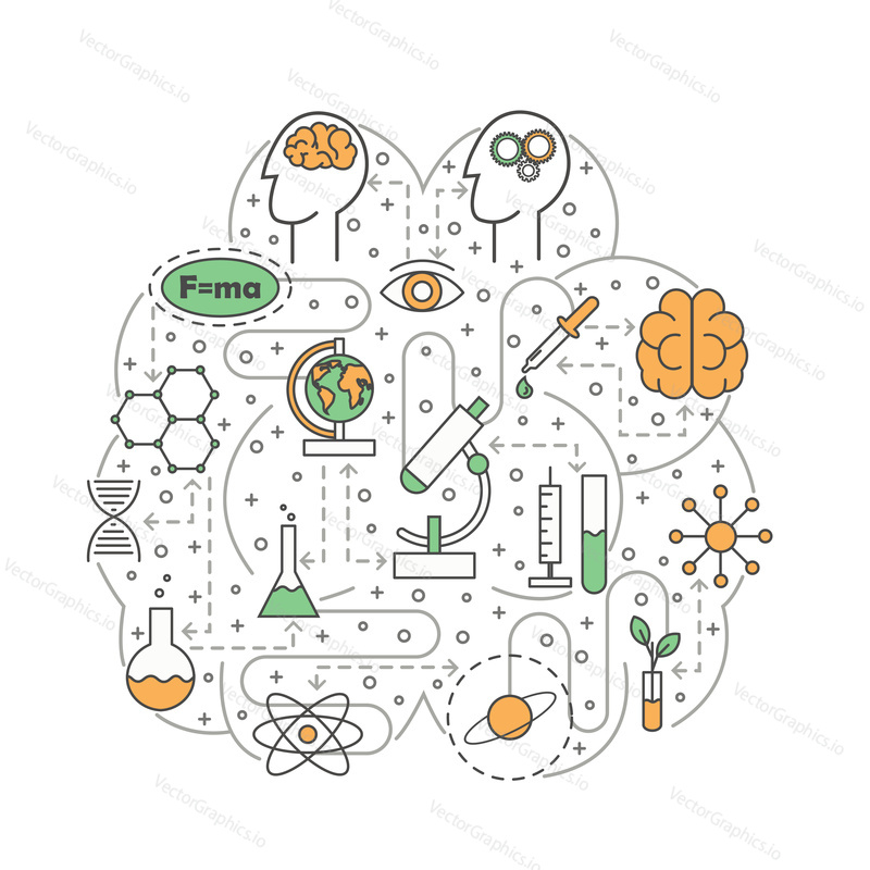 Science concept vector illustration. Modern thin line art flat style design element in the shape of human brain with scientific symbols, icons for website banners and printed materials.