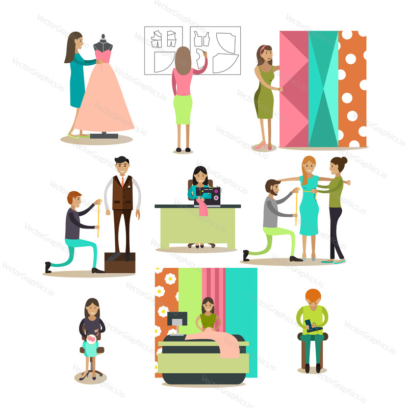 Vector icons set of fashion atelier personnel and customers characters isolated on white background. Flat style design elements.